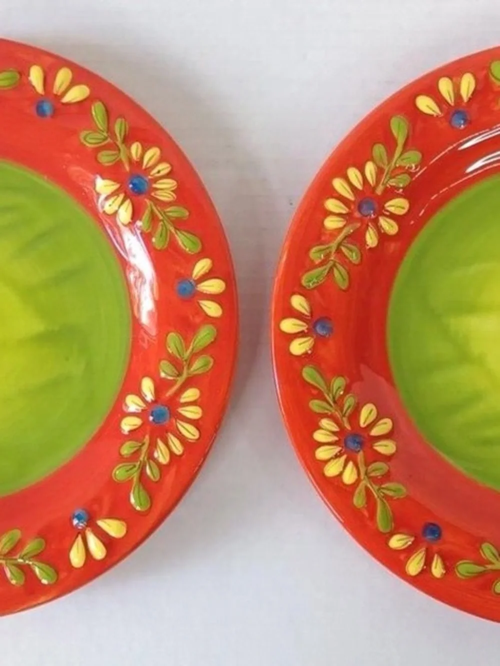 Two Pier 1 Flores Orange and green set of 2 Dinner Plates
